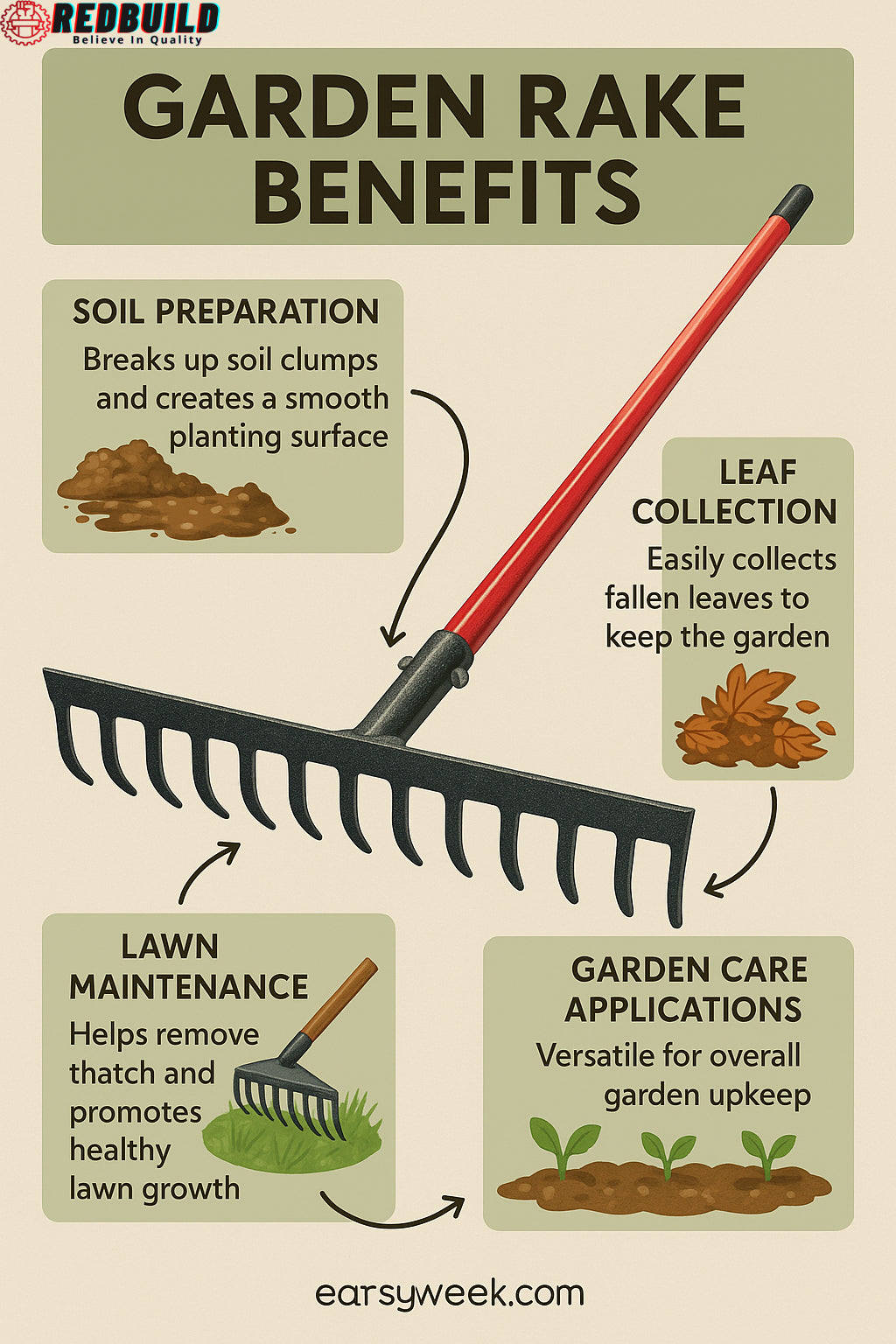 RedBuild Garden Rake | 14 Tines | Leaf Rake |