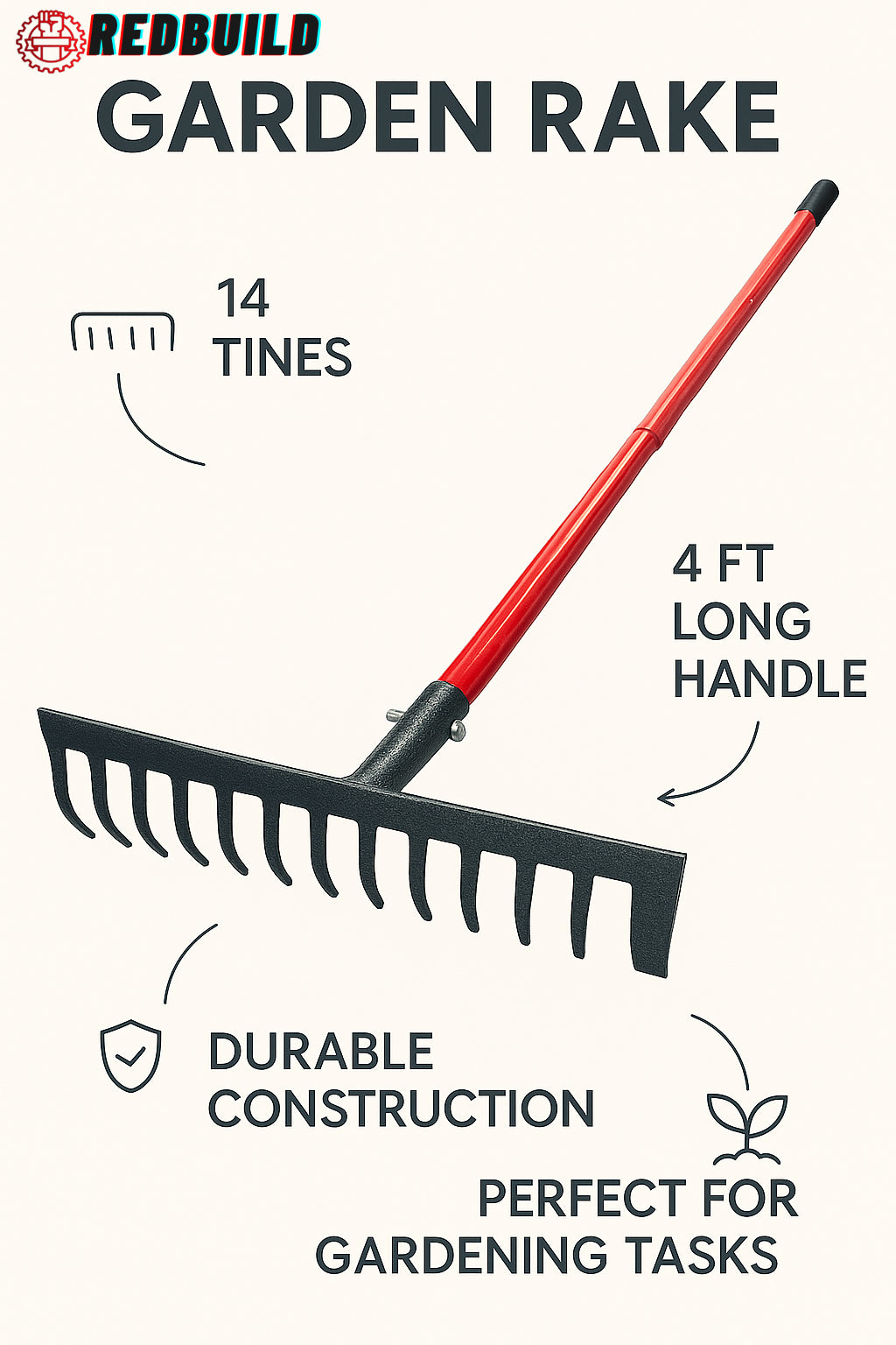 RedBuild Garden Rake  | 14 Tines | Leaf Rake |