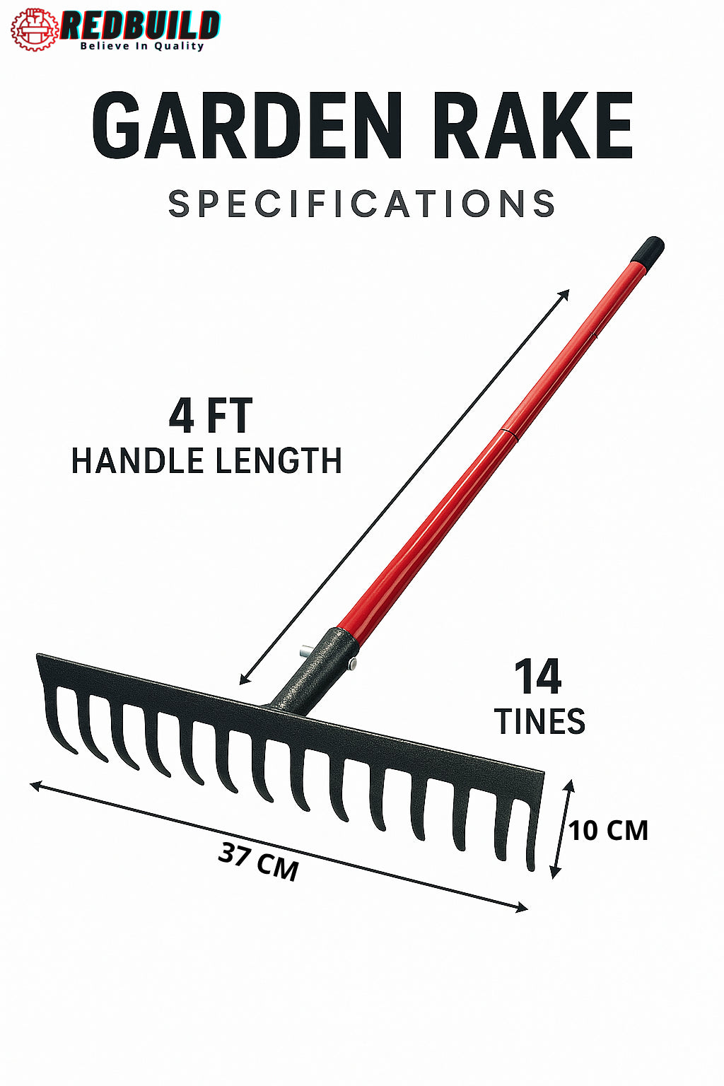 RedBuild Garden Rake  | 14 Tines | Leaf Rake |
