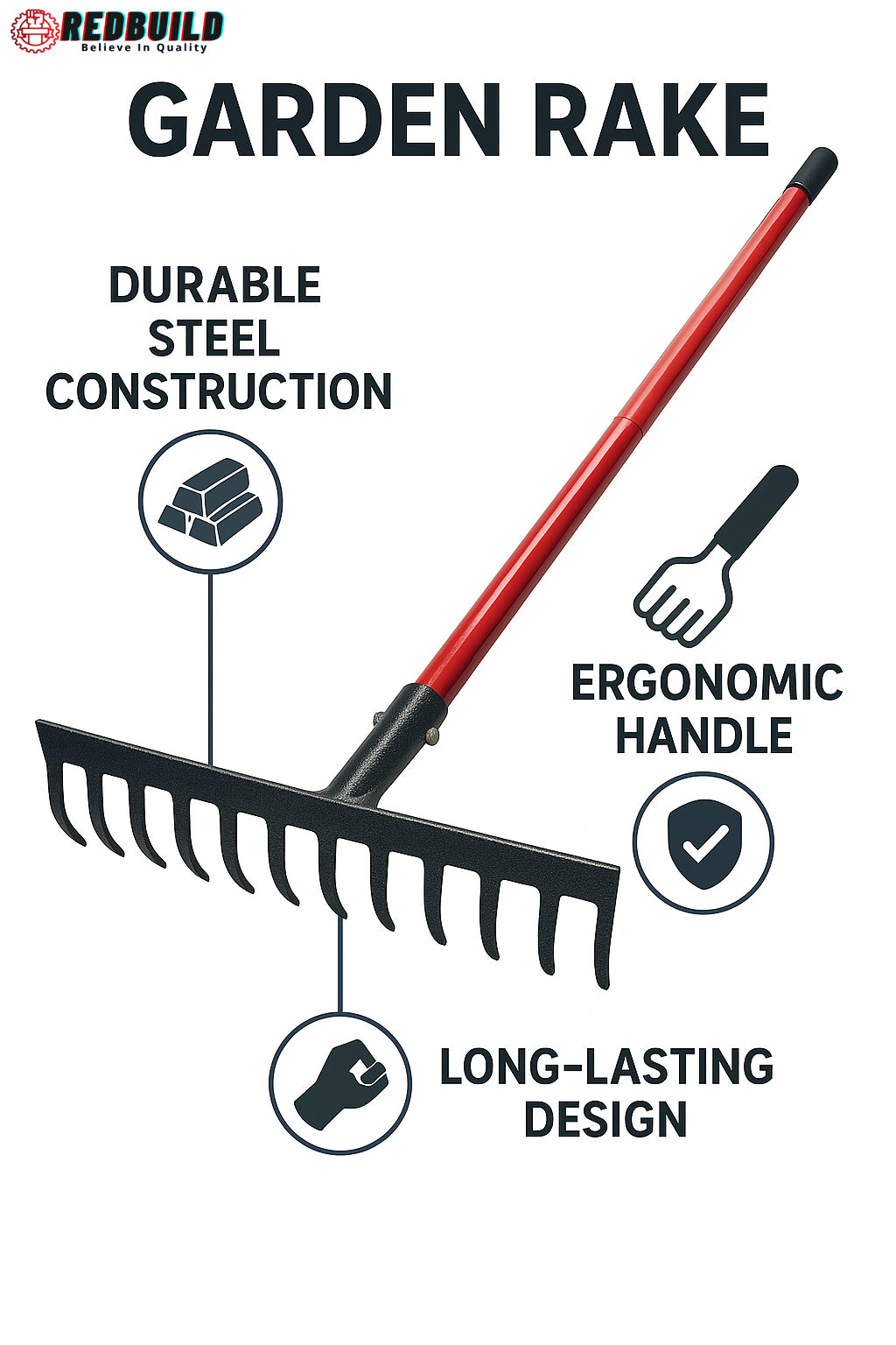 RedBuild Garden Rake  | 14 Tines | Leaf Rake |